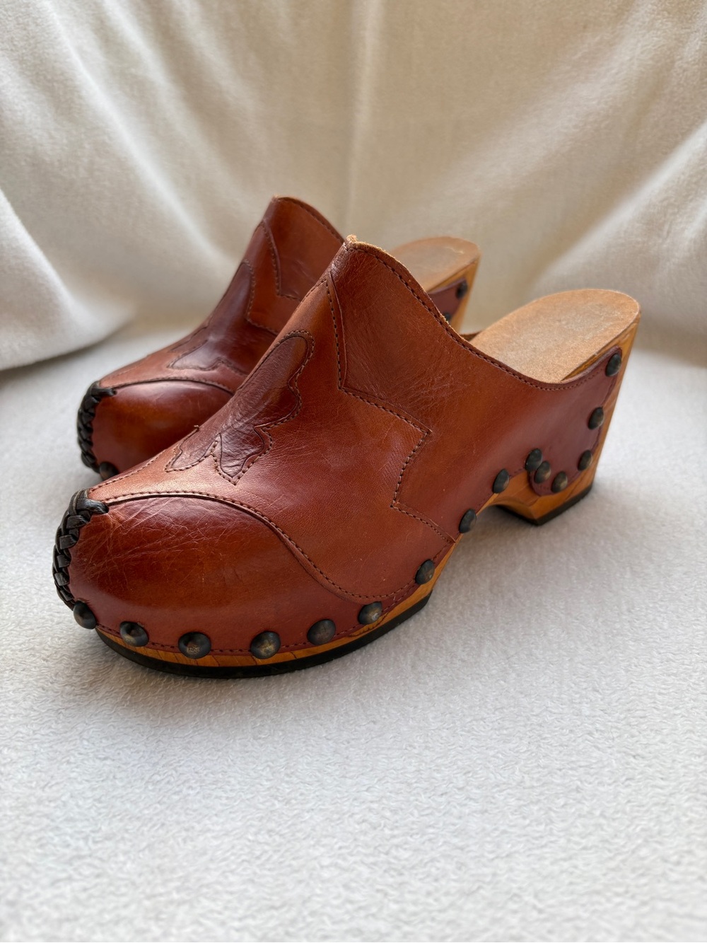 Vintage Leather Wooden Clogs with Stitched Butterfly